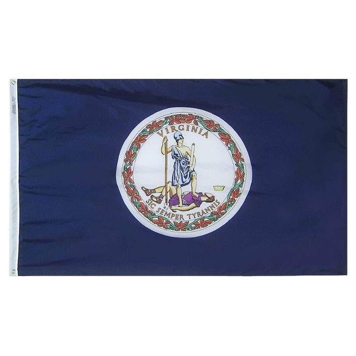 the virginia state seal representing death to tyranny on a blue flag