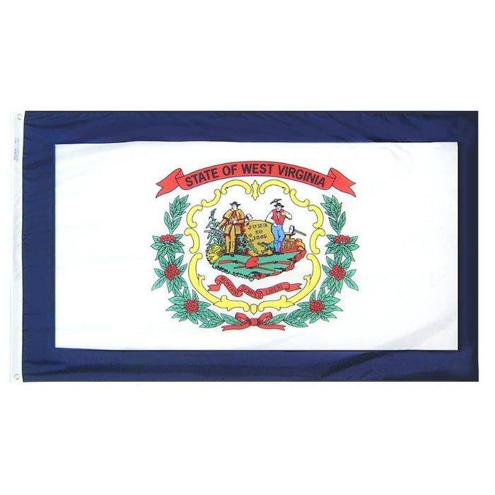blue border white flag with the seal of west Virginia in the center