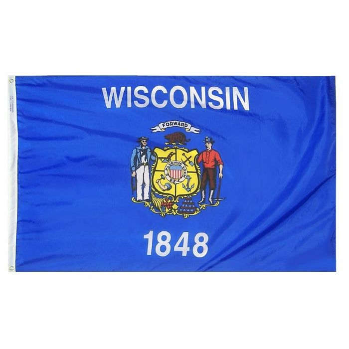 blue flag with the word "wisconsin 1848" and the state seal