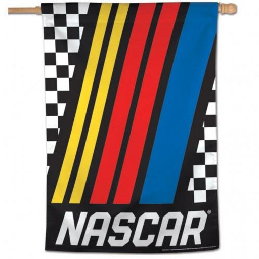 nascar flag with racing stripes going diagonally down the flag with black and white checkered background