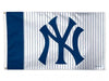 blue and white flag with pinstripes and the yankees logo