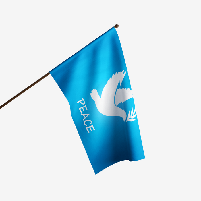 BLUE FLAG WITH WHITE DOVE IN THE CENTER AND THE WORD "PEACE" UNDERNEATH IT ON FLAGPOLE