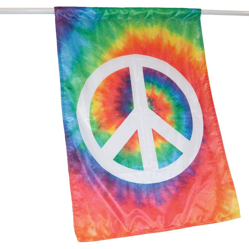 RAINBOW TIE DYE BANNER FLAG WITH A WHITE PEACE SIGN IN THE CENTER ON A DOWEL