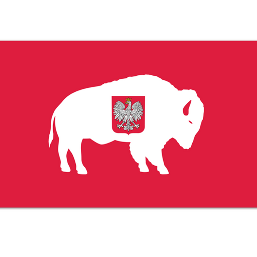 rendition of the polish flag with a red background, white buffalo, and crest in the center