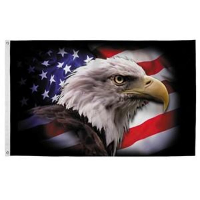 bald eagle themed flag with an american flag silhouette behind him
