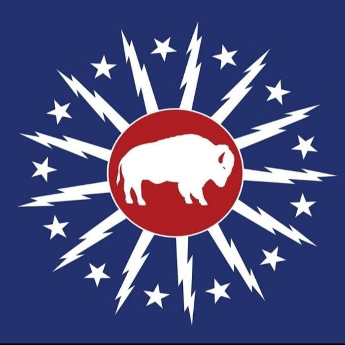 BLUE FLAG WITH THE CITY OF BUFFALO LOGO WITH A WHITE BUFFALO IN THE CENTER