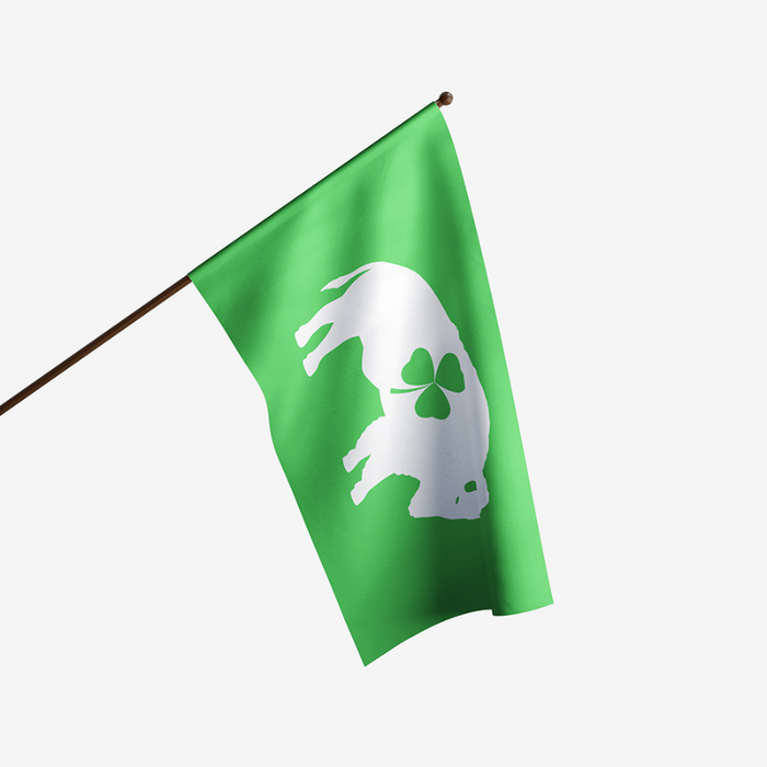 GREEN FLAG WITH WHITE STANDING BUFFALO AND THREE LEAF CLOVER IN THE CENTER