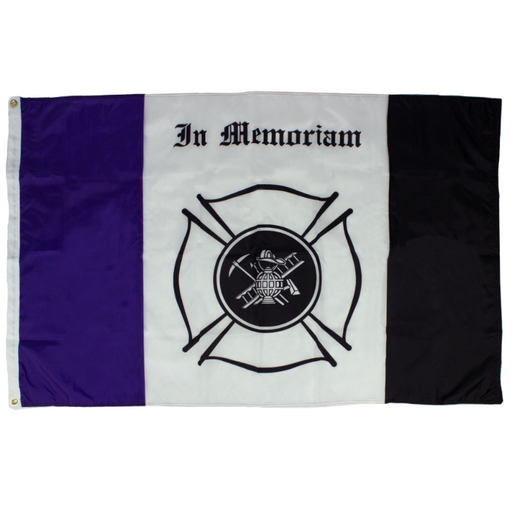 PURPLE, WHITE, AND BLACK FLAG WITH THE FIRE DEPARTMENT LOGO IN THE CENTER AND "IN MEMORIAM" AT THE TOP