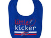 blue baby bib with the words "little kicker" and the bills logo