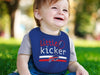 blue baby bib with the words "little kicker" and the bills logo on a baby