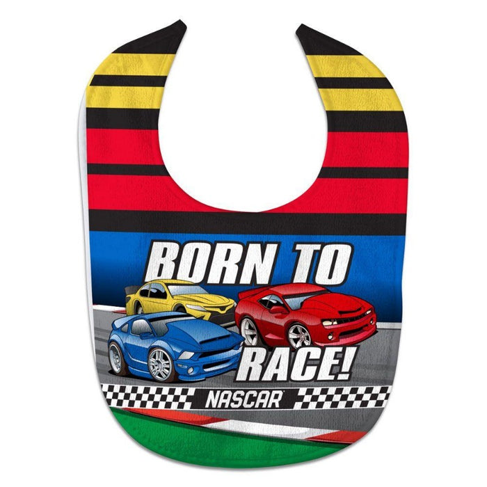 nascar themed bib with cars going over a finish line and text saying "born to race"