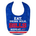 blue bib with the words "eat. drink milk. BILLS. repeat."