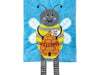 blue flag with a bee holding a bee hive and legs coming off down the flag
