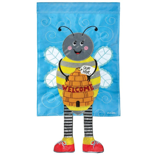 blue flag with a bee holding a bee hive and legs coming off down the flag