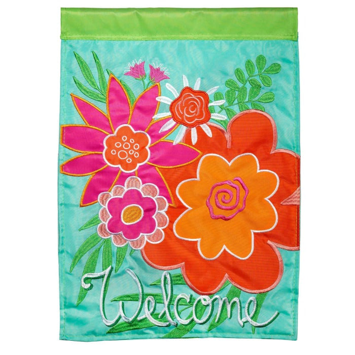 fun colored flag with bright applique flowers and the word "welcome"