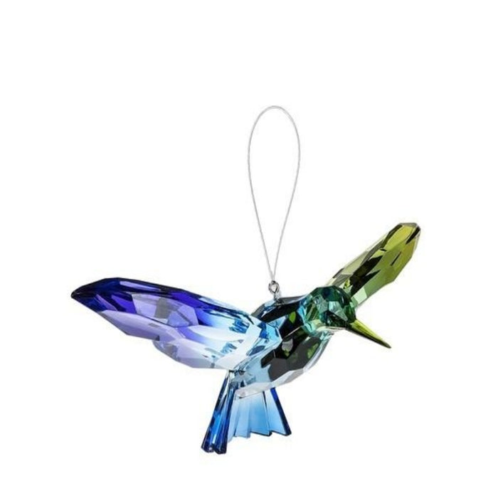 acrylic hummingbird on a string with a blue and green color scheme