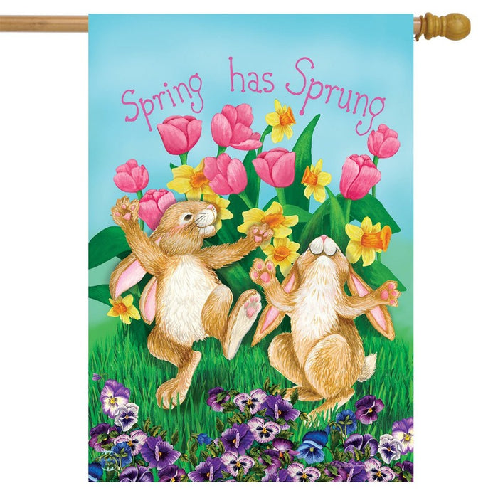 spring themed flag with rabbits dancing and text saying "spring has sprung"