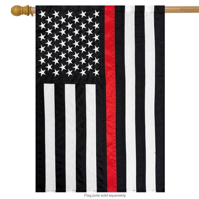 BLACK AND WHITE AMERICAN FLAG WITH A RED STRIPE IN THE CENTER
