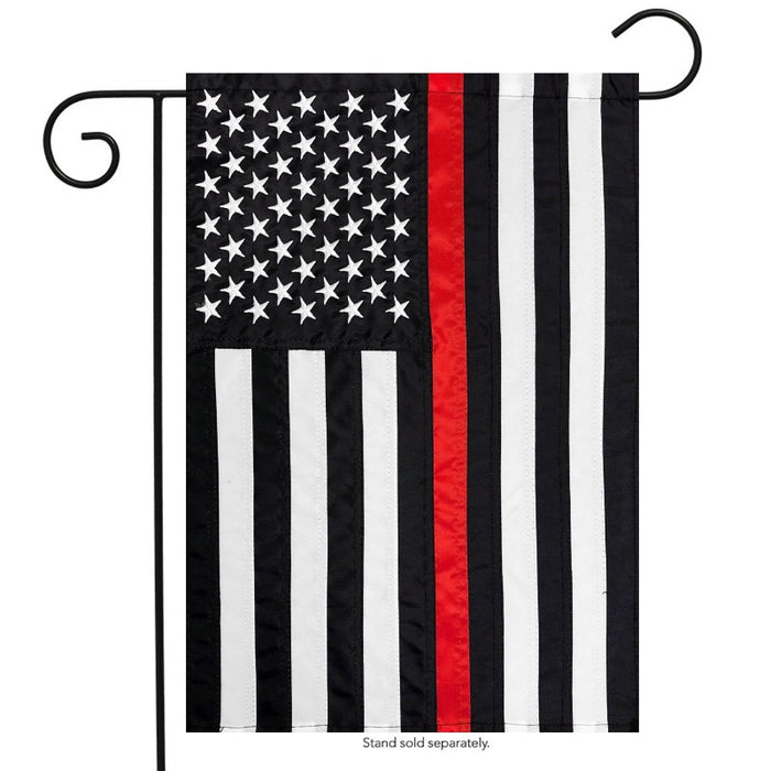 BLACK AND WHITE AMERICAN FLAG WITH A RED STRIPE IN THE CENTER