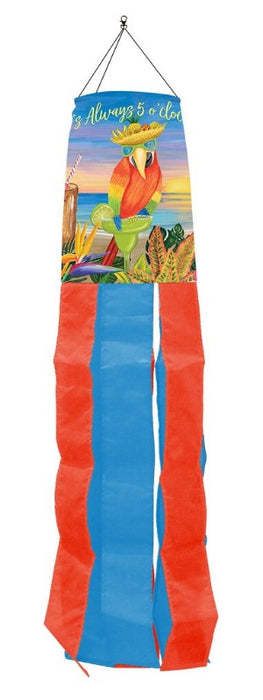 parrot windsock with the words "always 5 o'clock" and red and blue streamers