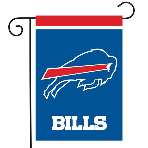 blue flag with red and white stripe at the top with charging buffalo and the word "bills"