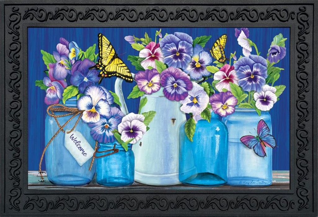 Butterflies and Pansies Doormat shown in optional rubber tray