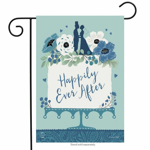 blue flag with bride and groom on top of a wedding cake with the words "happily ever after"