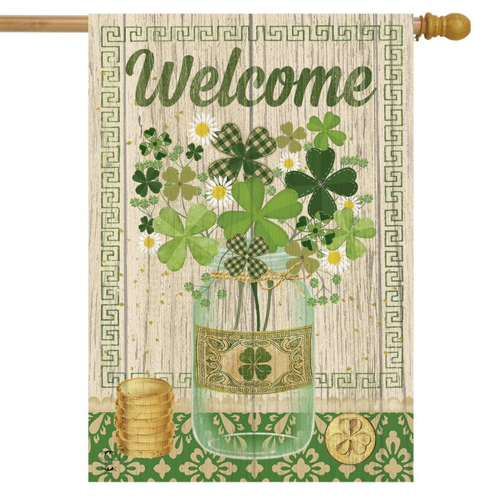 rustic themed flag with shamrocks and a mason jar with the word "welcome" at the top