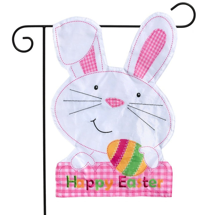 rabbit shaped garden flag with a white bunny holding an egg with the words "happy Easter"