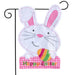 rabbit shaped garden flag with a white bunny holding an egg with the words "happy Easter"