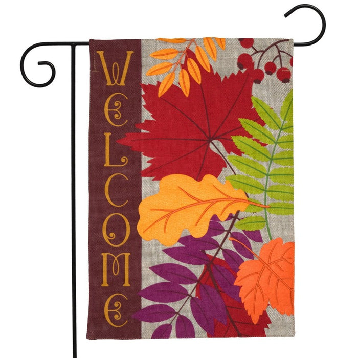 autumn leaves welcome burlap flag