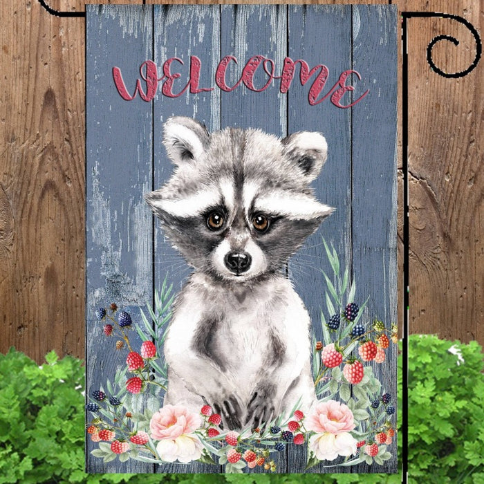 Raccoon on Blue Welcome Garden Flag