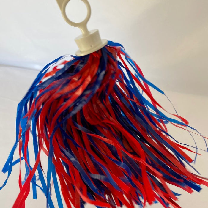 red and blue pom pom with a handle saying "go bills"