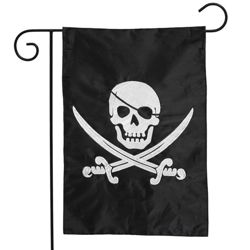 black garden flag with embroidered skull and crossed swords