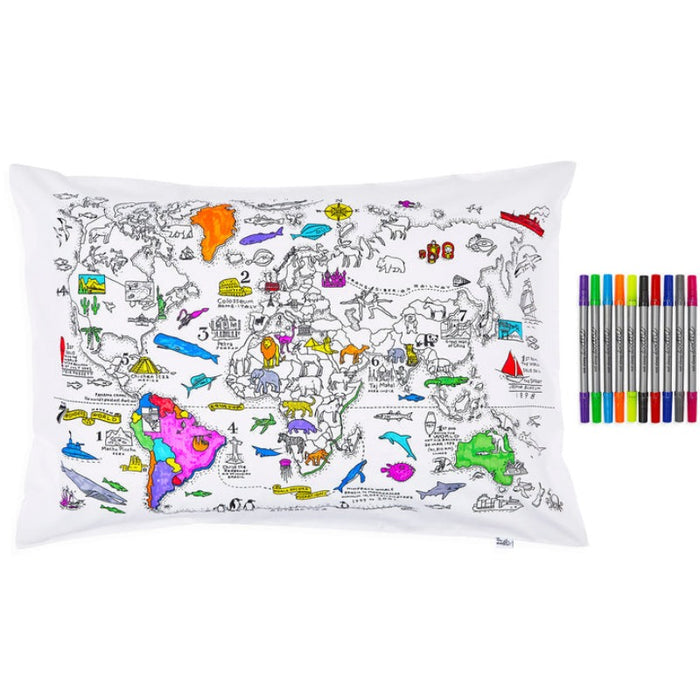 World Map Pillowcase - Color & Learn comes with 10 washable markers for hours of enjoyment