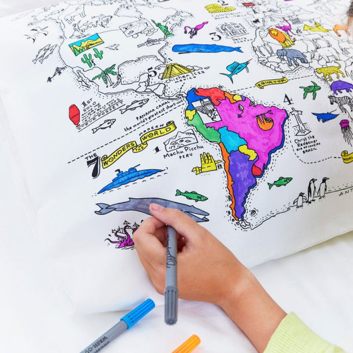 World Map Pillowcase - Color & Learn teaches interesting international facts