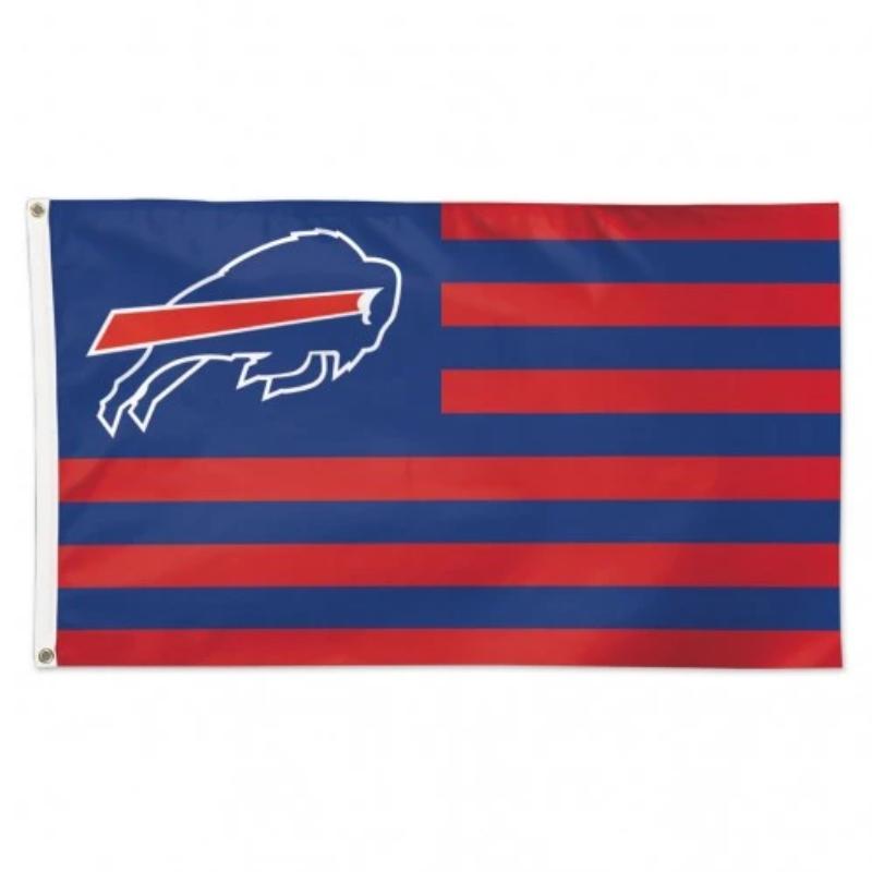 buffalo bills flag in the style of a USA flag with red and blue stripes and charging buffalo in the canton