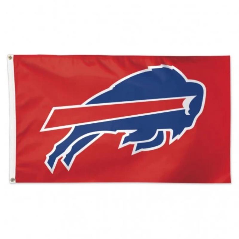 buffalo bills flag with charging buffalo logo and red background