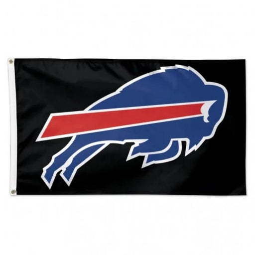buffalo bills flag with charging buffalo logo on a black background