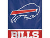 blue flag with red and white stripes, the word "BILLS" and the charging buffalo logo