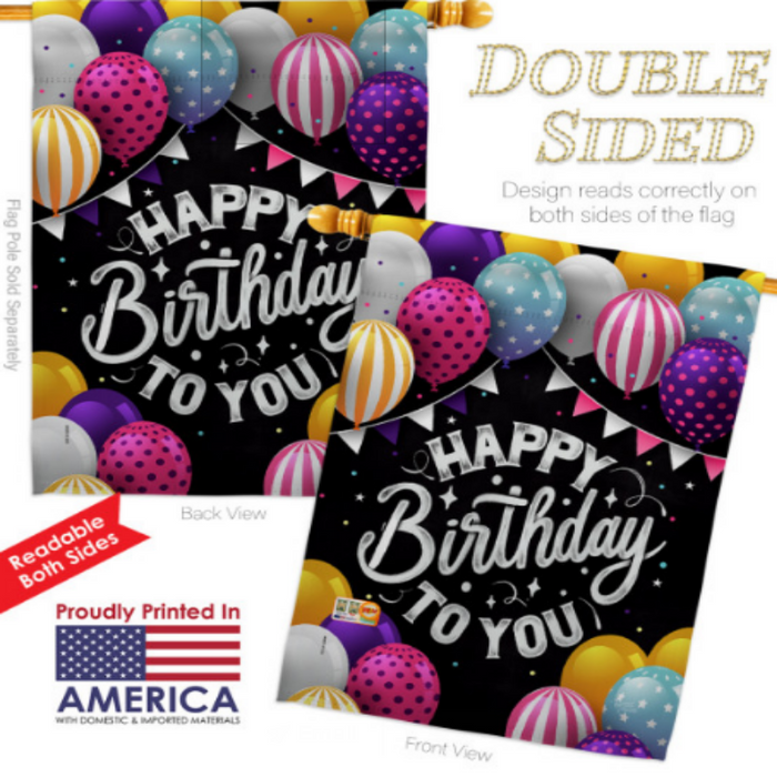 black flag with colorful balloons and text that says "happy birthday to you"