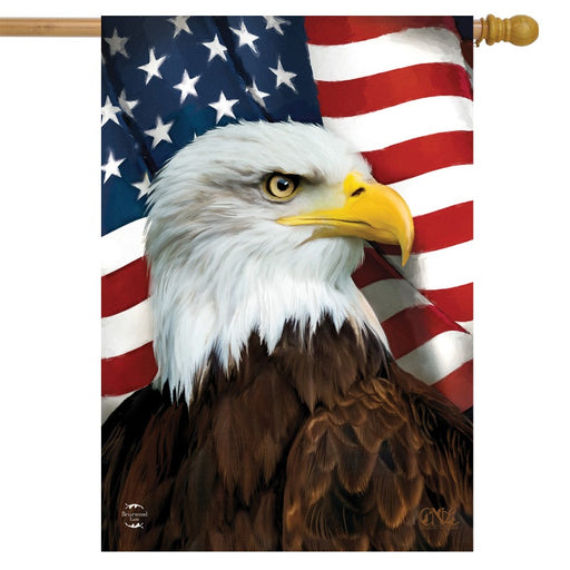american flag background with a bald eagle in front