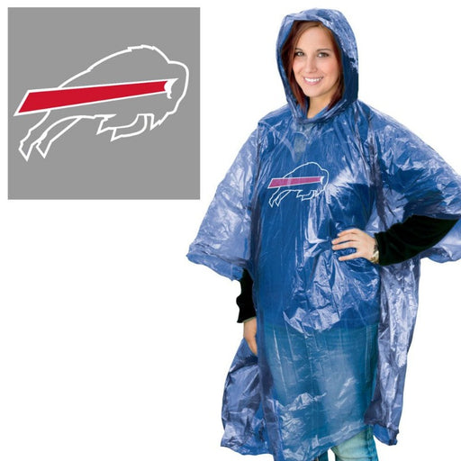 close up of the charging bills logo and a woman wearing a large blue poncho with the logo