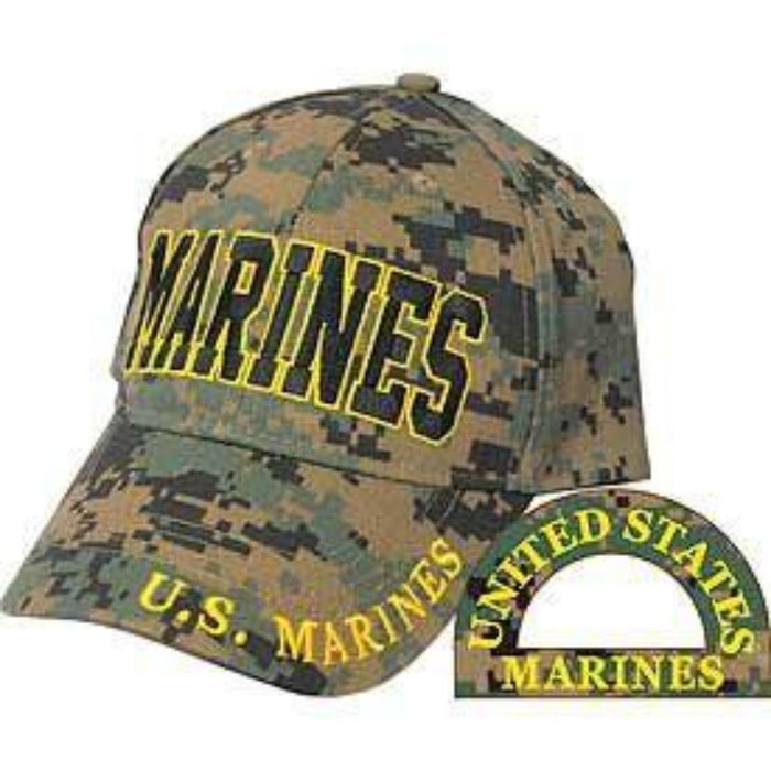 camo hat with the word "marines" across the center