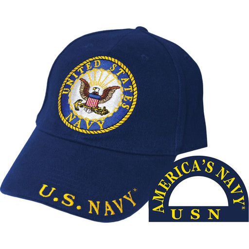 us navy embroidered emblem on navy blue hat