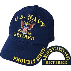 Navy retired embroidered emblem on navy blue hat