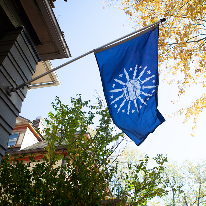 BLUE FLAG WITH A SHORE AND LIGHTHOUSE IN THE CENTER WITH LIGHTNING BOLTS AROUND THE CENTER ON A POLE
