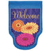 blue flag with gerber daisies and text saying "welcome"