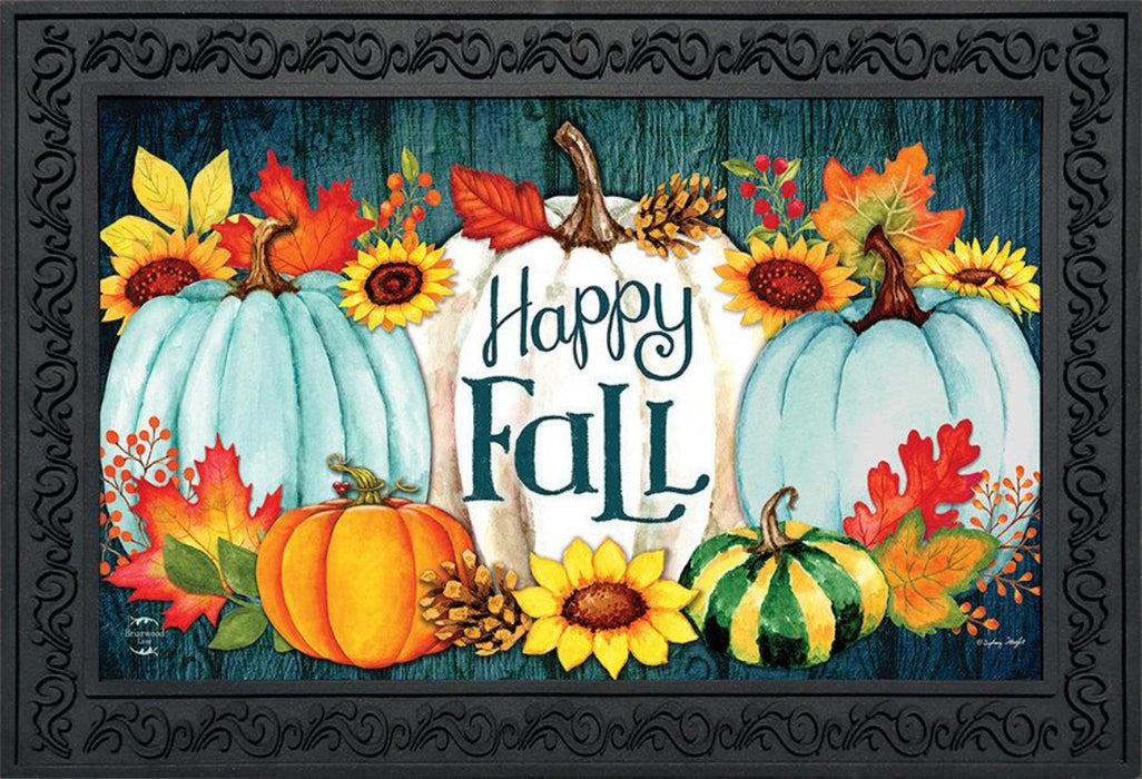 Happy Fall Pumpkins Doormat  easily fits into the Rubber Doormat Tray (sold separately) as shown in the picture.
