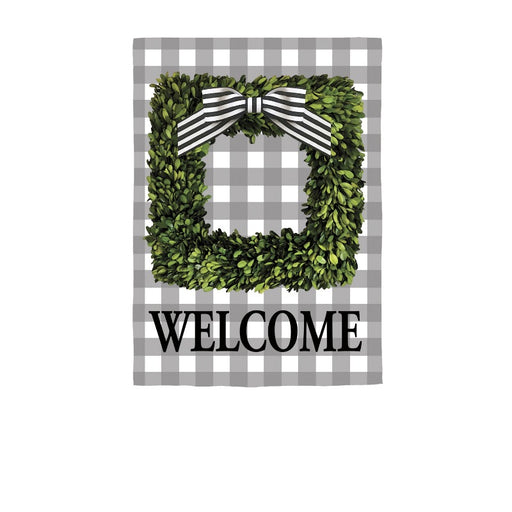 flag with black and white box plaid and square wreath and the word "welcome"